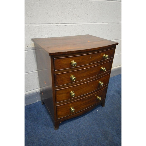 1295 - A 20TH CENTURY GEORGIAN STYLE MAHOGANY AND CROSSBANDED BOW FRONT BACHELORS CHEST, of four  drawers, ... 