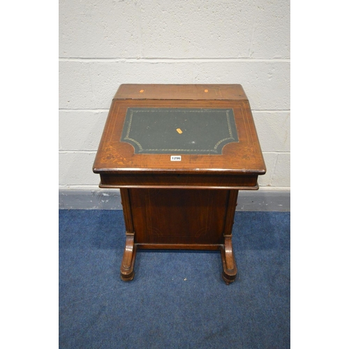 1296 - A LATE VICTORIAN MAHOGANY AND MARQUETRY INLAID DAVENPORT,  four drawers and dummy drawers opposing, ... 