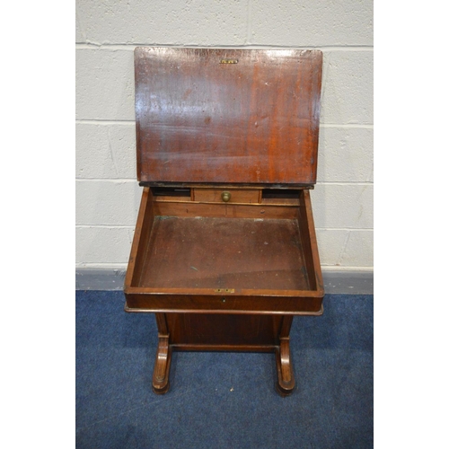 1296 - A LATE VICTORIAN MAHOGANY AND MARQUETRY INLAID DAVENPORT,  four drawers and dummy drawers opposing, ... 