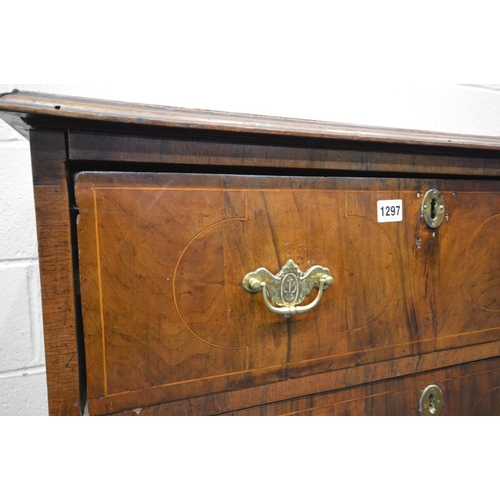 1297 - A GEORGIAN AND LATER MAHOGANY, CROSSBANDED AND INLAID CHEST OF THREE LONG DRAWERS, rosewood drawer f... 