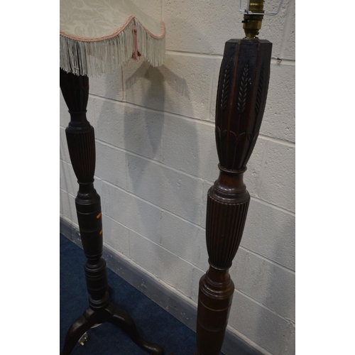 1304 - A PAIR OF EDWARDIAN MAHOGANY CONVERTED STANDARD LAMPS, on tripod legs, with fabric shades, height 14... 