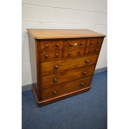 1305 - A VICTORIAN WALNUT CHEST OF EIGHT ASSORTED DRAWERS, with turned handles, width 118cm x depth 52cm x ... 