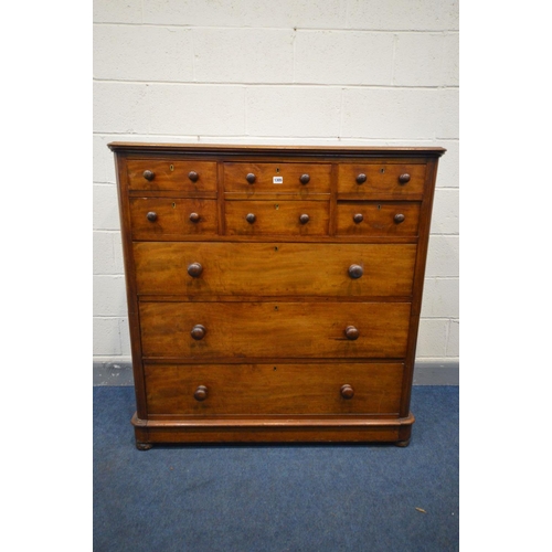 1305 - A VICTORIAN WALNUT CHEST OF EIGHT ASSORTED DRAWERS, with turned handles, width 118cm x depth 52cm x ... 