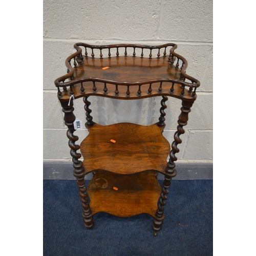 1308 - A VICTORIAN ROSEWOOD THREE TIER WHAT NOT, wavy design, spindled gallery, each tier joined by barley ... 