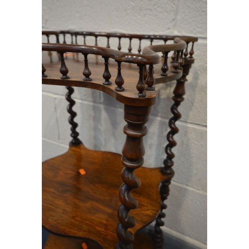 1308 - A VICTORIAN ROSEWOOD THREE TIER WHAT NOT, wavy design, spindled gallery, each tier joined by barley ... 