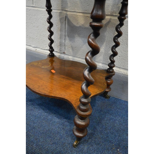 1308 - A VICTORIAN ROSEWOOD THREE TIER WHAT NOT, wavy design, spindled gallery, each tier joined by barley ... 