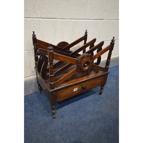 1309 - A GEORGE IV ROSEWOOD CANTERBURY, made up of three divisions, single drawer, on turned legs and brass... 