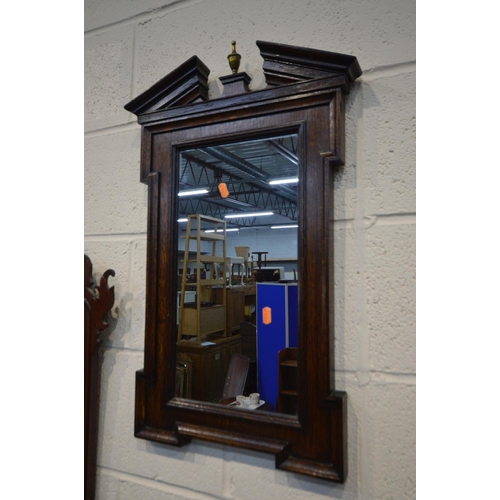 1312 - A GEORGIAN MAHOGANY FRETWORK WALL MIRROR, 42cm x 71cm along with an oak wall mirror with a pediment ... 