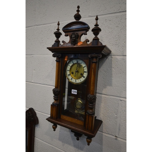 1315 - A LATE VICTORIAN WALNUT VIENNA WALL CLOCK, height 77cm and an Edwardian mahogany aneroid barometer (... 