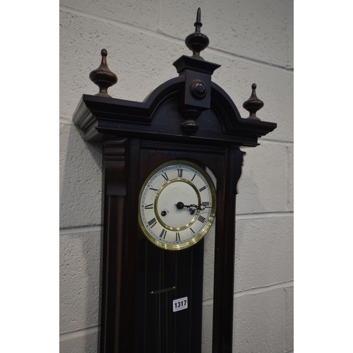 1317 - A MAHOGANY WALL CLOCK, height 126cm (two weights, pendulum and winding handle)