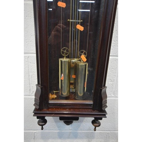 1317 - A MAHOGANY WALL CLOCK, height 126cm (two weights, pendulum and winding handle)