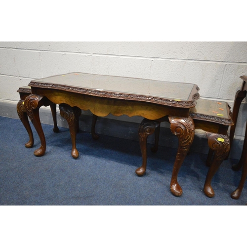 1318 - A REPRODUCTION BURR WALNUT NEST OF THREE/COFFEE TABLE, along with a similar nest of three tables (on... 