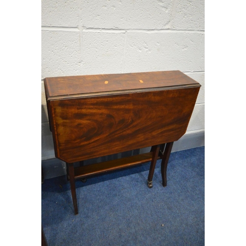 1321 - AN EDWARDIAN MAHOGANY AND INLAID SUTHERLAND TABLE and a Georgian Pembrooke table with a single drawe... 