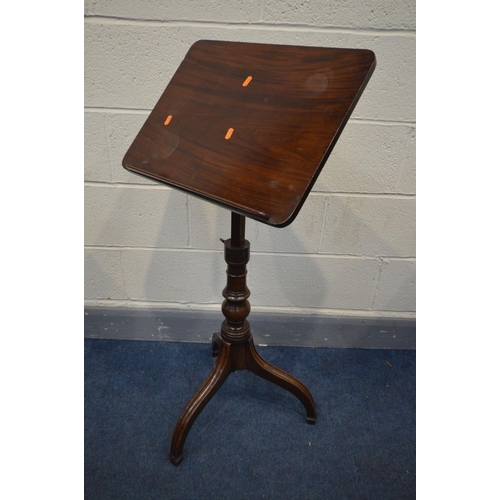 1322 - A GEORGIAN MAHOGANY READING STAND, with an adjustable top and height adjustment, turned support and ... 