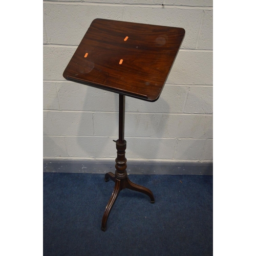 1322 - A GEORGIAN MAHOGANY READING STAND, with an adjustable top and height adjustment, turned support and ... 