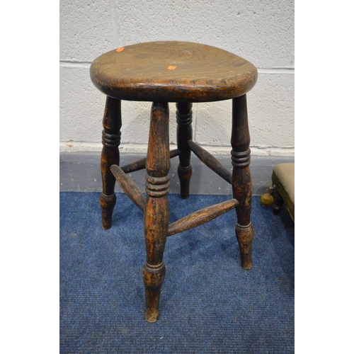 1325 - AN 18TH CENTURY ELM STOOL, and two other footstools