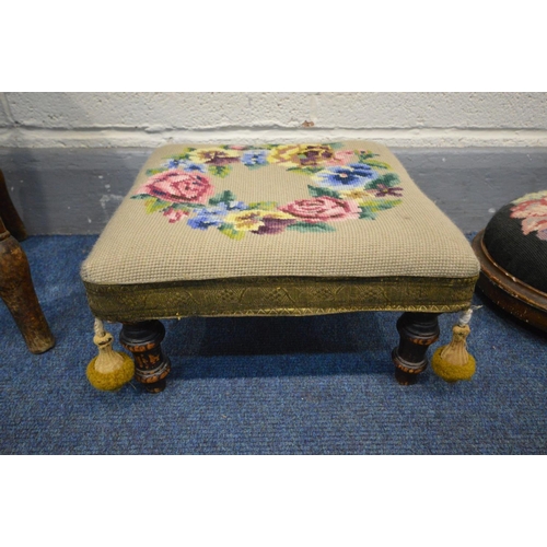 1325 - AN 18TH CENTURY ELM STOOL, and two other footstools