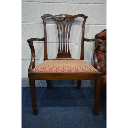 1330 - A GEORGIAN MAHOGANY SPLAT BACK ELBOW CHAIR on block legs (missing stretcher) late Victorian button b... 