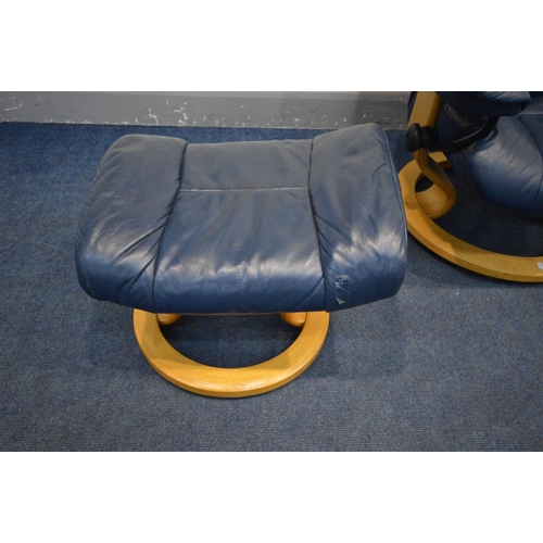 1331 - AN EKORNES STRESSLESS BLUE LEATHER SWIVEL RECLINING CHAIR, with a matching footstool (this suite doe... 