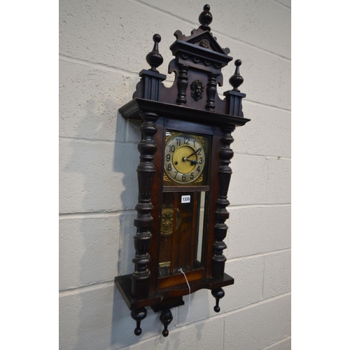 1335 - A LATE VICTORIAN MAHOGANY VIENNA WALL CLOCK, height 105cm (winding key)