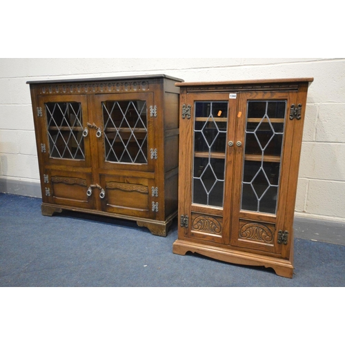 1344 - AN OAK OLD CHARM HIFI CABINET, with double lead glazed doors and an oak double door lead glazed book... 