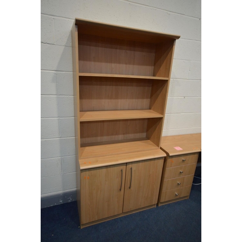 1362 - A SET OF BEECH HOME OFFICE UNITS, to include a bookcase above double cupboard doors, width 90cm x de... 