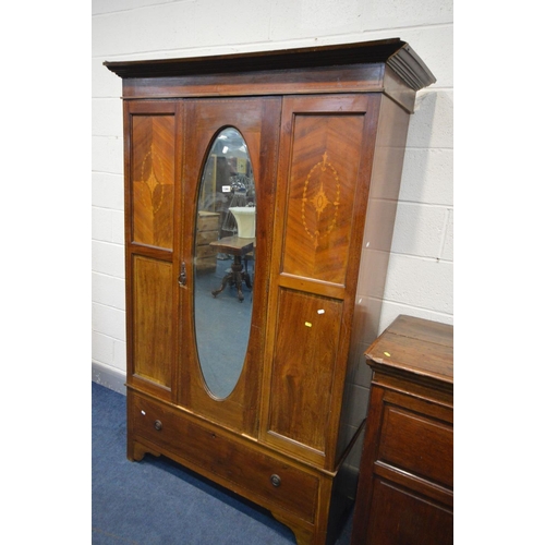 1366 - AN EDWARDIAN MAHOGANY AND INLAID SINGLE DOOR WARDROBE, above a single drawer, width 128cm x depth 50... 