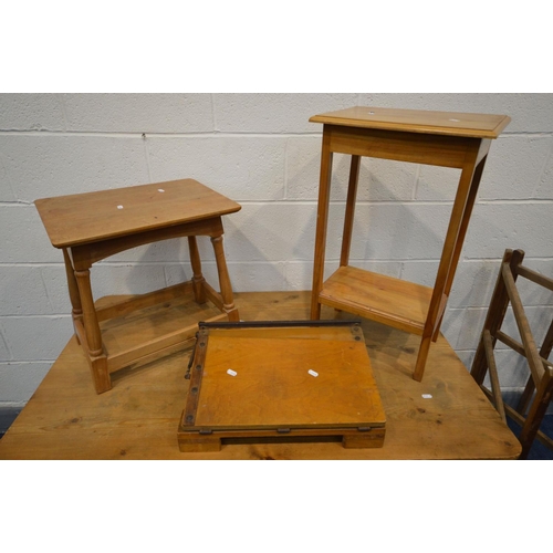 1367 - A PINE KITCHEN TABLE (alterations) along with two light wood occasional tables, a plywood guillotine... 