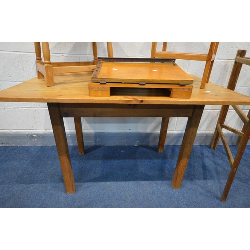 1367 - A PINE KITCHEN TABLE (alterations) along with two light wood occasional tables, a plywood guillotine... 