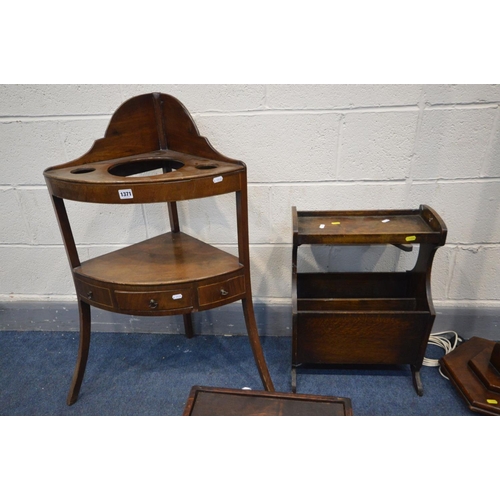 1371 - A GEORGIAN MAHOGANY CORNER WASHSTAND, converted Victorian standard lamp, oak magazine rack and oak s... 