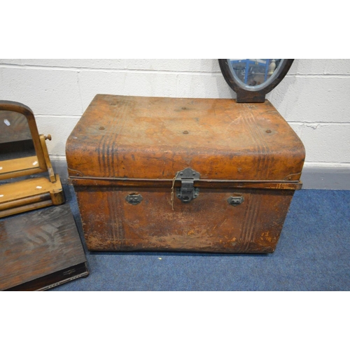 1372 - A VINTAGE TIN TRUNK,  a Victorian walnut toilet mirror, oak cutlery unit and two wall mirrors (5)