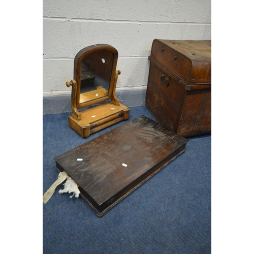 1372 - A VINTAGE TIN TRUNK,  a Victorian walnut toilet mirror, oak cutlery unit and two wall mirrors (5)