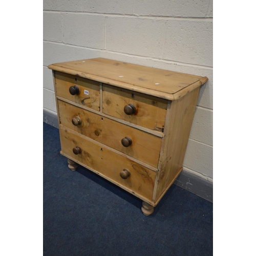 1375 - A VICTORIAN AND LATER PINE CHEST OF TWO OVER TWO LONG DRAWERS, turned handles and feet, width 82cm x... 