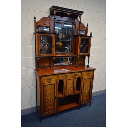 1377 - AN EDWARDIAN ROSEWOOD AND MARQUETRY INLAID DISPLAY CABINET, comprising of an arrangement of mirrors,... 