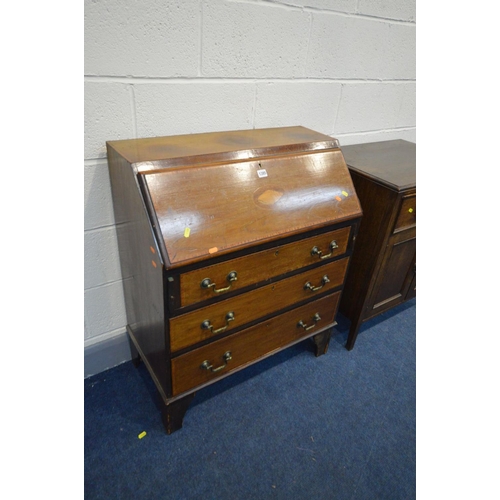 1385 - AN EDWARDIAN MAHOGANY AND INLAID BUREAU with three drawers, width 75cm x depth 40cm x height 92cm (S... 