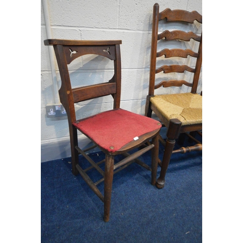 1393 - A SET OF SIX OAK LADDERBACK DINING CHAIRS, with rush seats, along with a pair of beech chapel chair ... 