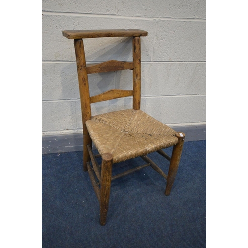 1393 - A SET OF SIX OAK LADDERBACK DINING CHAIRS, with rush seats, along with a pair of beech chapel chair ... 