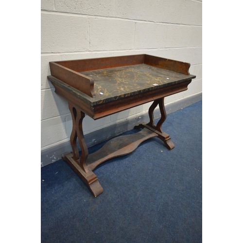 1394 - A VICTORIAN SCUMBLED PINE WASHSTAND, with a marbleized top, single frieze drawer, twin supports unit... 