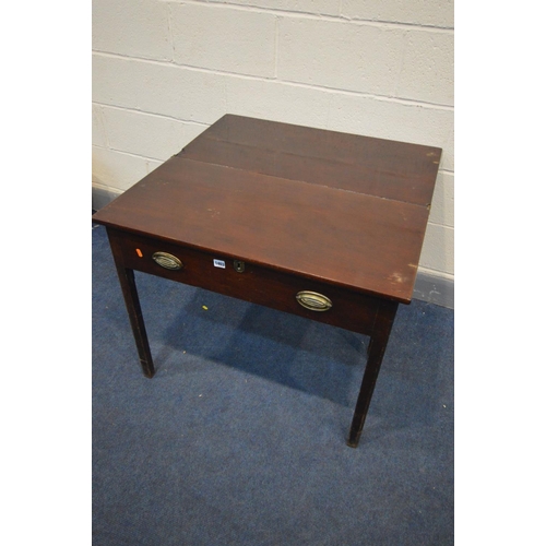 1403 - A GEORGIAN MAHOGANY TEA TABLE, with a fold over top and on square legs, width 87cm x open depth 86cm... 