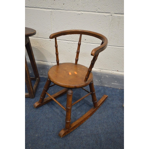 1408 - A 19TH CENTURY STAINED ELM OVAL STOOL, along with a beech child's rocking chair (2)