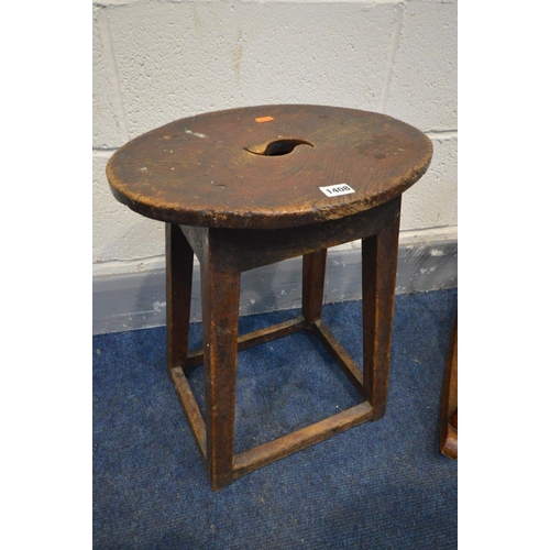 1408 - A 19TH CENTURY STAINED ELM OVAL STOOL, along with a beech child's rocking chair (2)