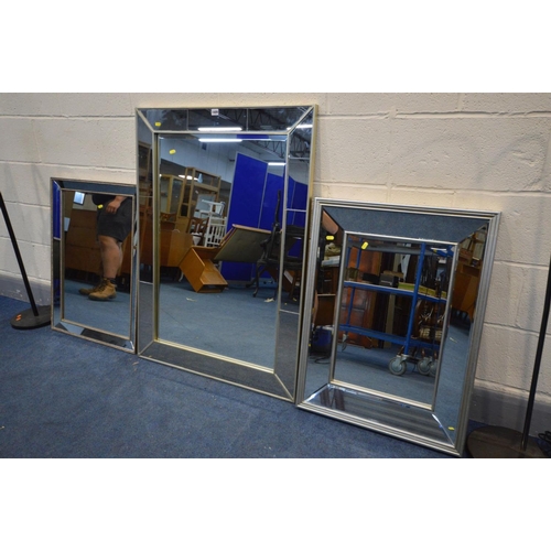 1409 - FOUR VARIOUS WALL MIRRORS, three with mirrored frames, largest mirror size, 113cm x 83cm, another mi... 