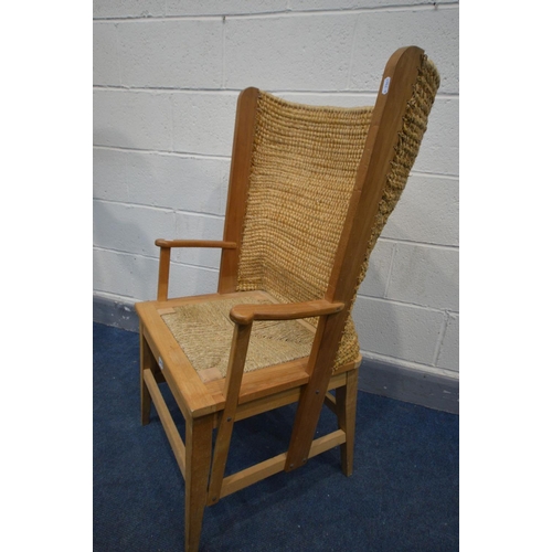 1415 - A LATE 20TH CENTURY BEECH ORKNEY CHAIR, woven wicker back and drop in seat pad, width inner width 48... 