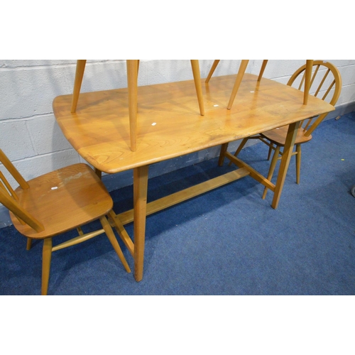 1417 - AN ERCOL BLONDE ELM AND BEECH RECTANGULAR TABLE, on splayed legs united by a single stretcher, width... 