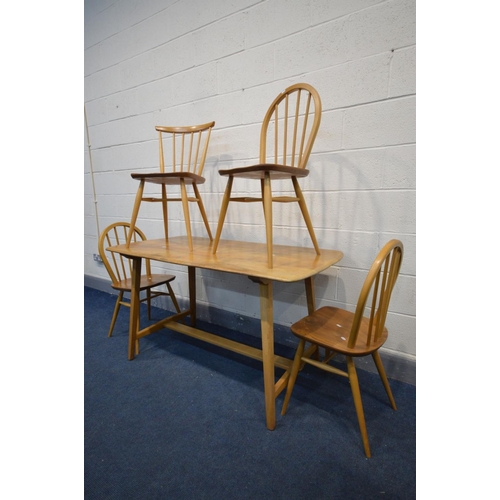 1417 - AN ERCOL BLONDE ELM AND BEECH RECTANGULAR TABLE, on splayed legs united by a single stretcher, width... 