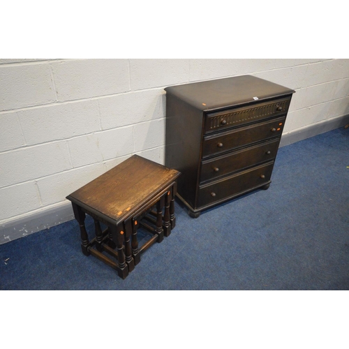 1428 - A PRIORY LINENFOLD DARK OAK CHEST OF FOUR, nest of three tables, four mahogany splat back chairs (Sd... 