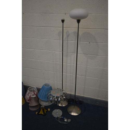 1434 - A COLLECTION OF MODERN LIGHTING AND SHADES to include two chrome floor lamps, a chrome table lamp, a... 