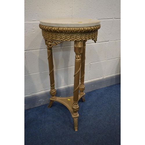 1437 - A PAIR OF 20TH CENTURY CIRCULAR GILTWOOD LOUIS XVI STYLE OCCASSIONAL TABLES, with marble tops, carvi... 