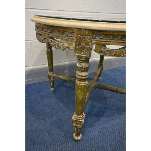 1438 - A 19TH CENTURY CIRCULAR GILTWOOD LOUIS XVI STYLE TABLE, marble top, foliate carving, on four turned ... 