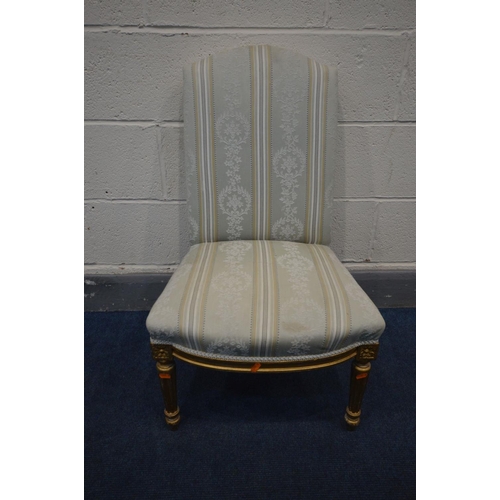 1440 - A 20TH CENTURY LOUIS XVI STYLE GILTWOOD BEDROOM CHAIR, on redded tapered legs, width 49cm x depth 45... 